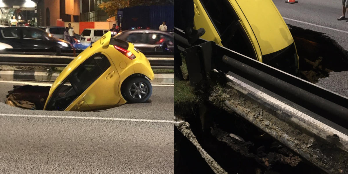 Tanah Mendap Punca Myvi Kuning Terperosok Dalam Lubang