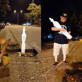 Berkat Lelaki Ini Tanam Batu Nisan, Jalan Berlubang Akhirnya Dibaiki Tidak Sampai 12 Jam