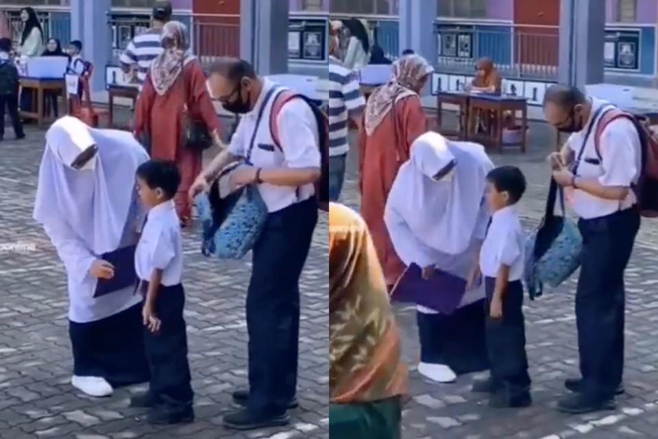 Mahu Bagi Semangat, Ibu Bapa Ini Pakai Baju 'Sedondon' Hantar Anak Hari Pertama Sekolah