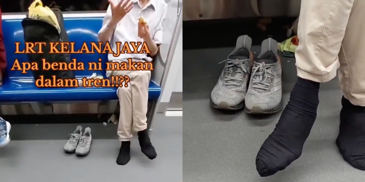 Lelaki makan sambil buka kasut dalam LRT.