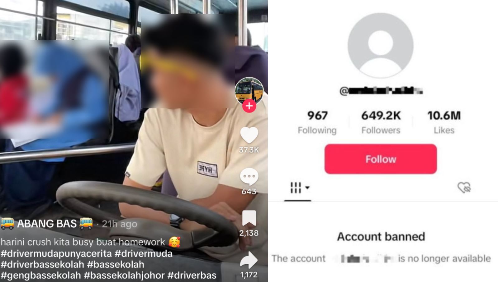 Akaun TikTok Pemandu Bas Sekolah Lebih 640 Ribu Pengikut Lesap Selepas Ditahan Polis
