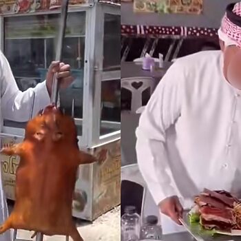 Peniaga Pakai Jubah Promosi Makanan Babi Dikecam Netizen