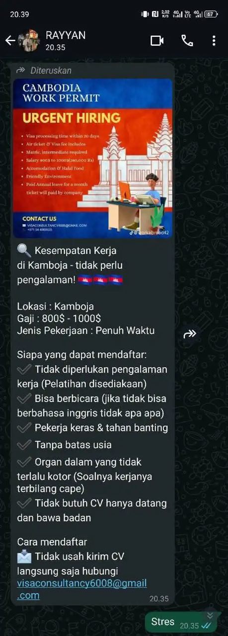 Tawaran Kerja Di Kemboja Letak Syarat Organ Dalaman Mesti Bersih, Ramai Kaitkan Dengan Perdagangan Organ 2 kerja