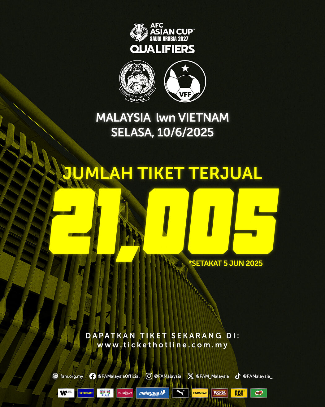 Malaysia Lawan Vietnam: 21,005 Tiket Sudah Terjual, Penyokong Diseru 'Gempur' Bukit Jalil! 2 Tiket