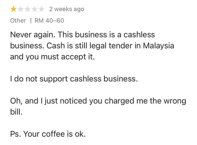 Kedai Kopi Dapat Review Negatif Ekoran Polisi Hanya Terima Pembayaran ‘Cashless’ 2 cashless