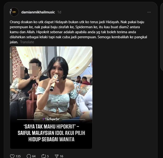 Pesan Damian Kepada Saiful: 'Orang Doakan Agar Dapat Hidayah, Bukan Jadi Hidayah'