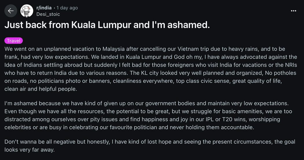 Pelancong India Malu Dengan Negara Sendiri, Tak Sangka Malaysia 'Sempurna' 2 Pelancong India Malu Dengan Negara Sendiri, Tak Sangka Malaysia 'Sempurna'