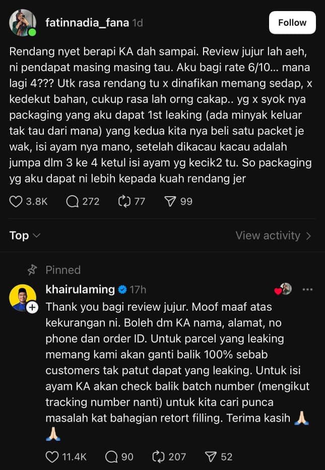 Pelanggan Dakwa Isi Ayam Sedikit Dan Bungkusan Bocor, Respon Khairul Aming Buat Netizen Kagum 2 Pelanggan Dakwa Isi Ayam Sedikit Dan Bungkusan Bocor, Respon Khairul Aming Buat Netizen Kagum