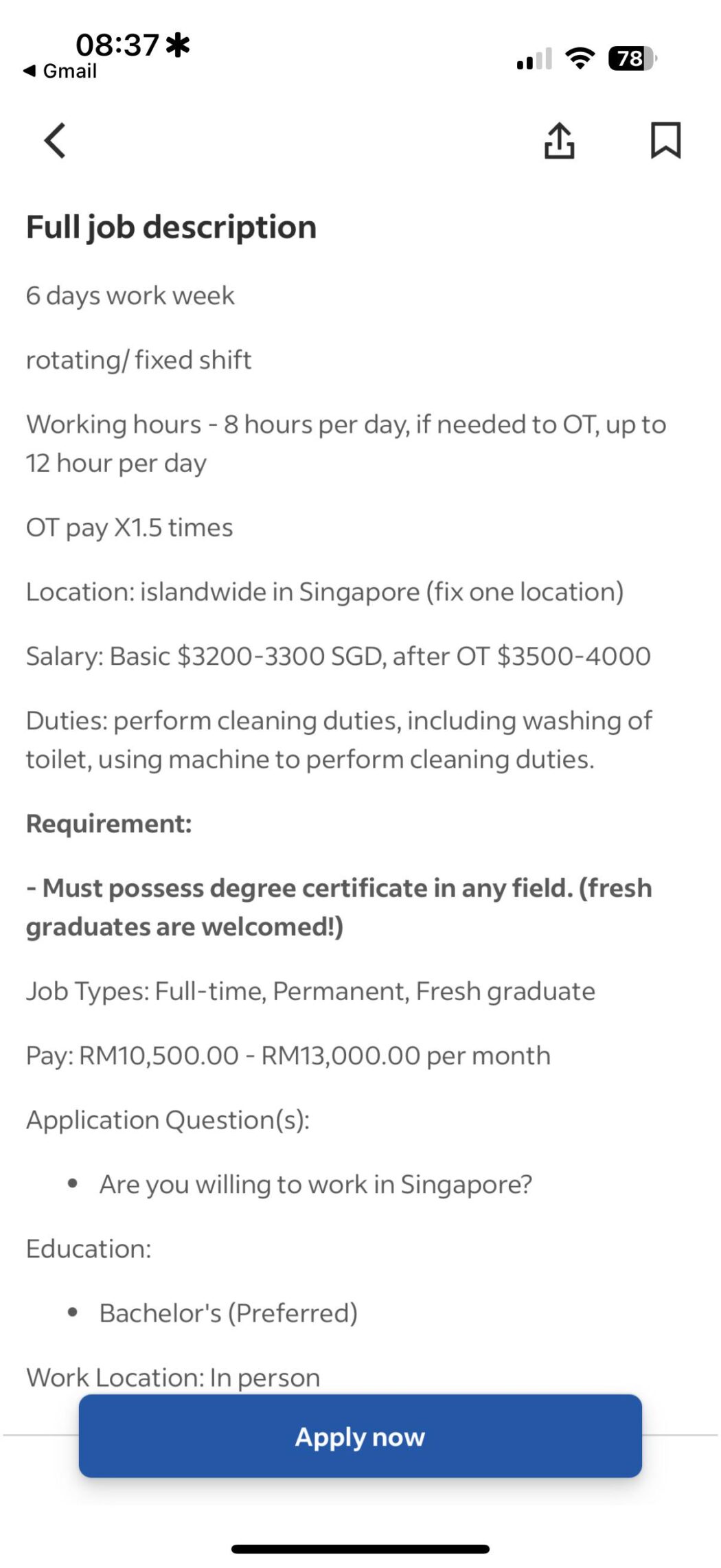'Menangis Dengan Minimum RM1,700' - Netizen Tergamam Tengok Iklan Kerja Gaji Cuci Tandas Di Singapura RM13,000 Sebulan