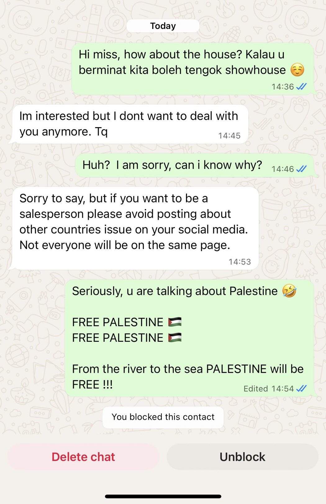 'Elak Post Pasal Negara Orang' - Ejen Hartanah Ditegur Pelanggan Gara-Gara Isu Palestin 2 'Elak Post Pasal Negara Orang' - Ejen Hartanah Ditegur Pelanggan Gara-Gara Isu Palestin