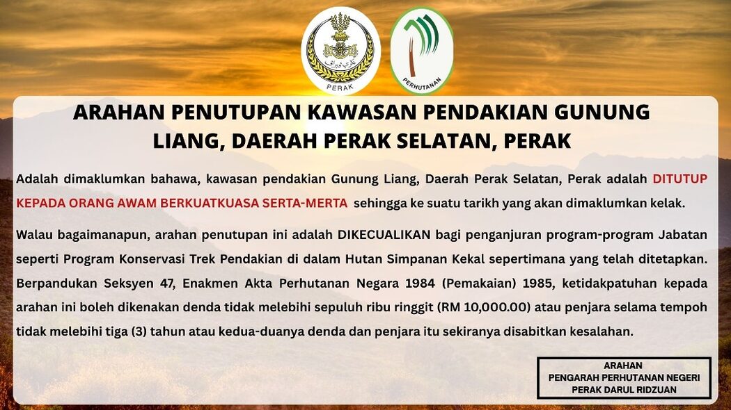 Aktiviti Daki Gunung Liang Ditangguhkan Serta-Merta