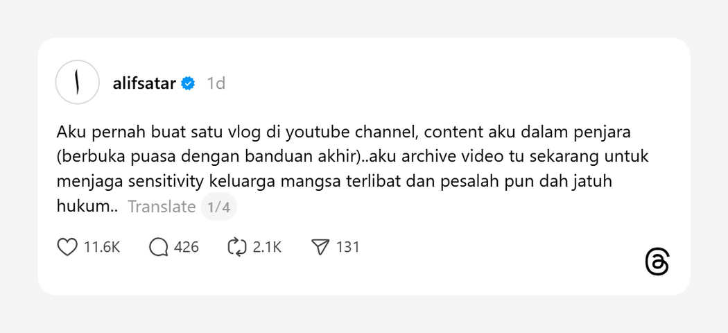 Netizen Minta Alif Satar Kongsi Semula Vlog Jumpa Banduan Akhir, Pelajar Menyesal Disumbat Ke Dalam Penjara