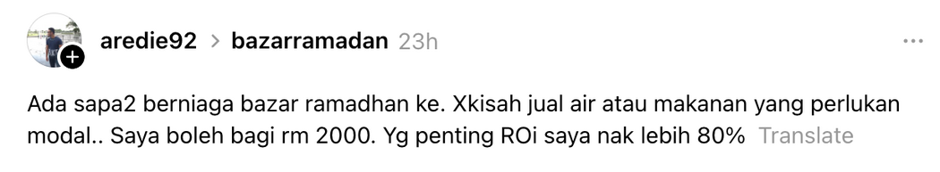 Lelaki Ini Tawarkan Modal RM2,000 Untuk Bazar Ramadhan Tapi Minta ROI 80% Diselar Netizen