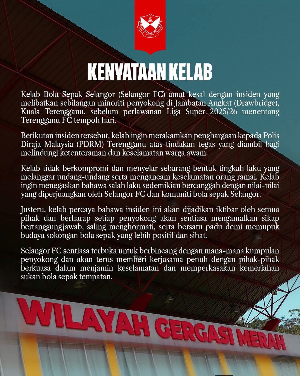 Selangor FC Kesal Insiden Drawbridge, Tegaskan Tiada Toleransi Terhadap Salah Laku