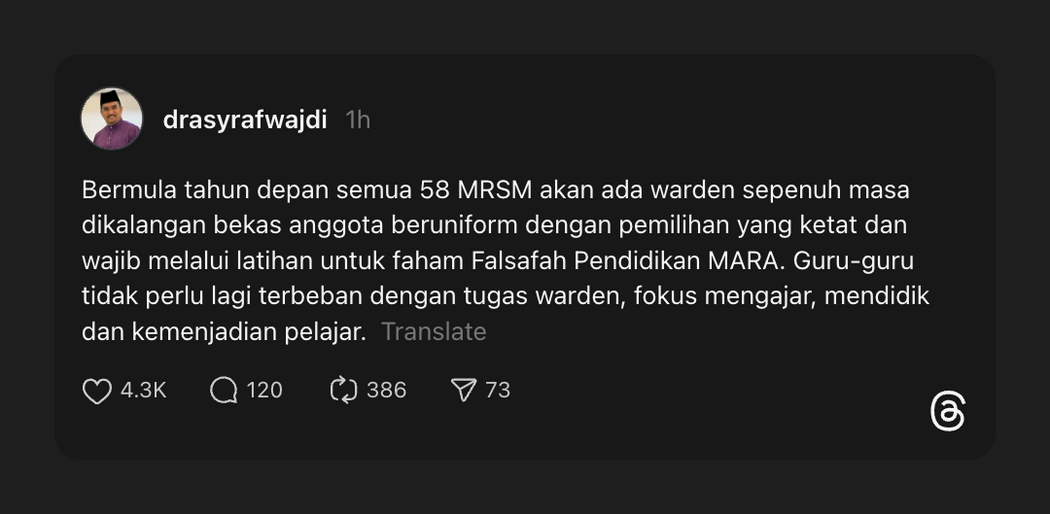 Guru MRSM Boleh Fokus Mengajar, Warden Sepenuh Masa Jaga Asrama Mulai 2027