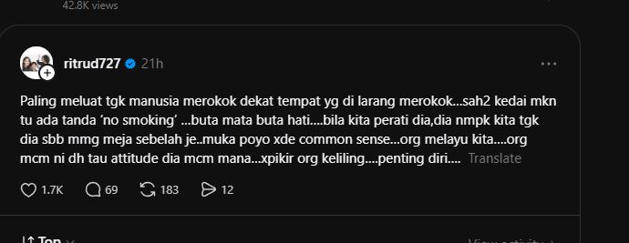 Netizen Sokong Rita Rudaini Meluat Tengok Orang Merokok Di Kedai Makan
