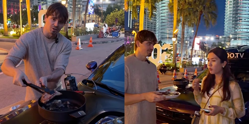 Aksi Pemuda AS Masak Stik Atas Hood Dodge Challenger Depan KLCC Jadi Perhatian Ramai