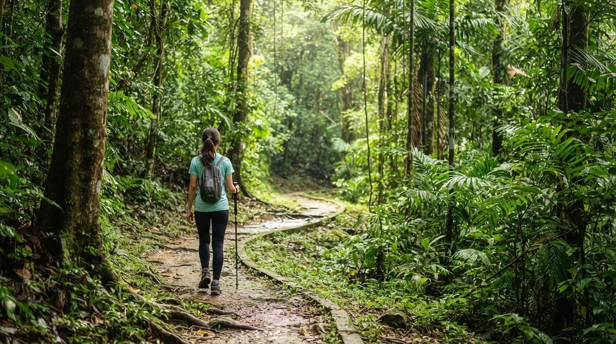 A calm, refreshing outdoor shot of someone walking alone through a lush green park or nature trail to reduce tanda quiet burnout