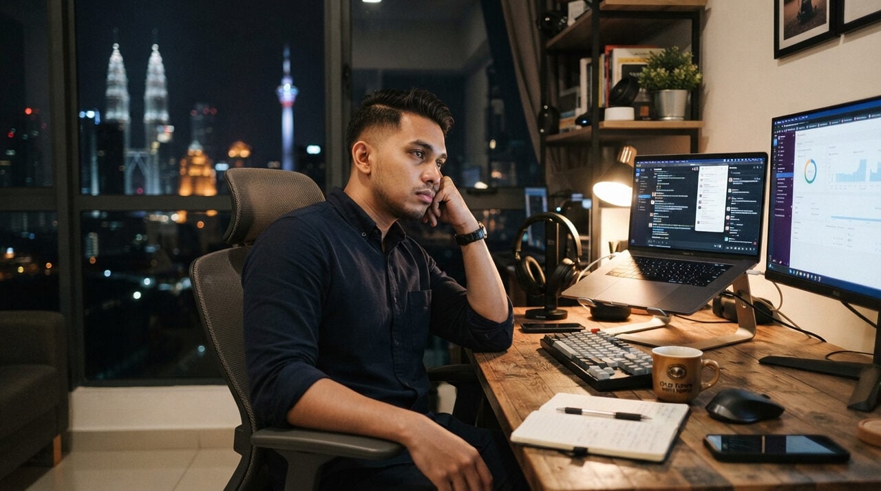 An urban young professional sitting in front of a laptop/desk setup looking exhausted, thoughtful, or staring into space in a modern office or home desk setting.