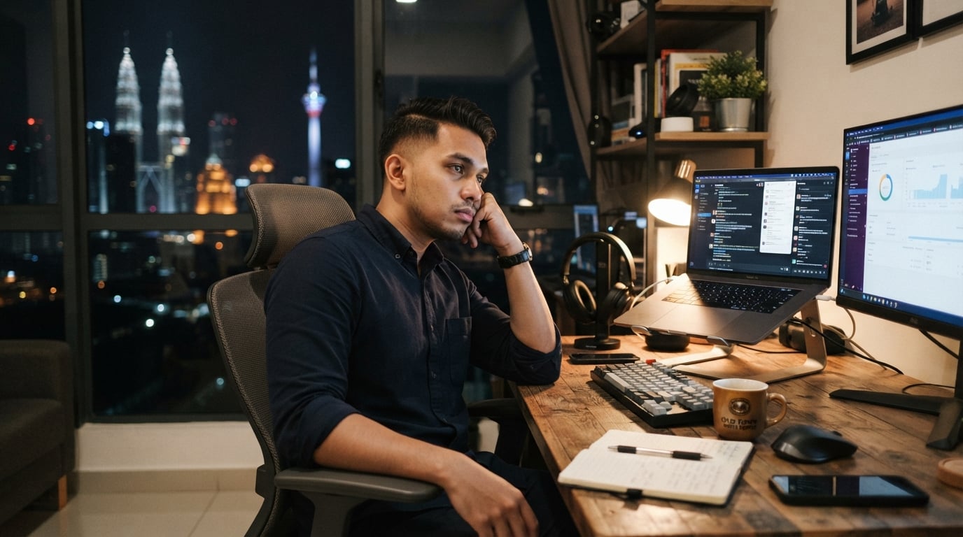 An urban young professional sitting in front of a laptop/desk setup looking exhausted, thoughtful, or staring into space in a modern office or home desk setting.