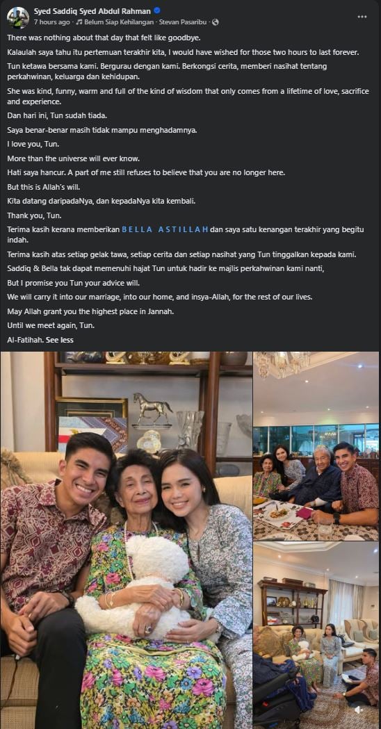 Bella Astillah Kongsi Detik Syed Saddiq Terima Berita Pemergian Tun Dr Siti Hasmah