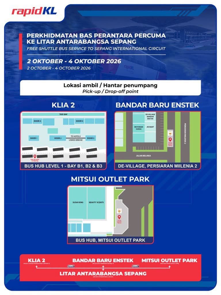 Rapid KL Sedia Bas Percuma Ke Litar Sepang (2-4 Oktober): Ini Lokasi Pick-Up & Jadual Operasi