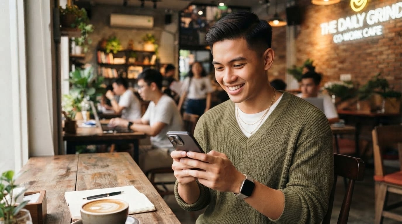 Lelaki menggunakan smartphone flagship moden