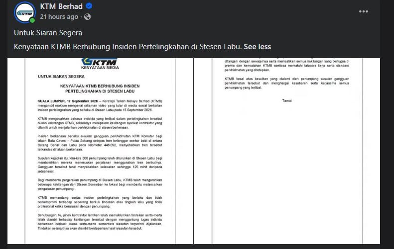 Insiden Di Stesen Labu: 'Individu Terlibat Bukan Kakitangan KTMB' 2 Insiden Di Stesen Labu: 'Individu Terlibat Bukan Kakitangan KTMB'