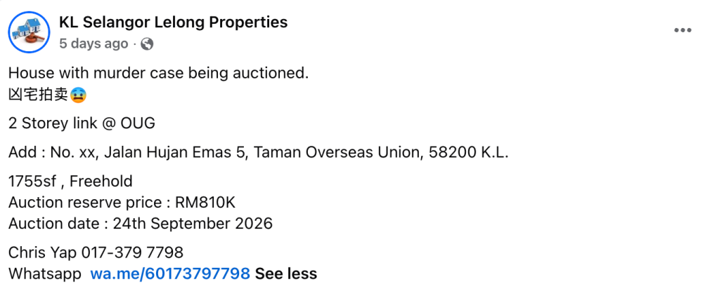 'Ini Betul Rare' - Iklan Rumah Lelong Tempat Kes Bunuh Ini Curi Perhatian Netizen 2 'Ini Betul Rare' - Iklan Rumah Lelong Tempat Kes Bunuh Ini Curi Perhatian Netizen