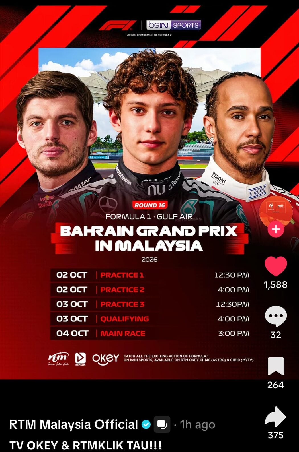 RTM Buat Kejutan, Tayang Siaran Langsung F1 Sepang 2026 Secara Percuma Untuk Rakyat Malaysia